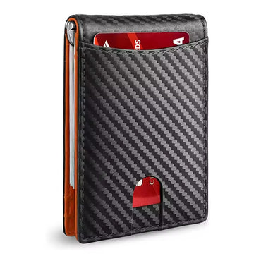 Carbon fiber pattern RFID slim money clip wallet with front quick-access card slot and visible card.