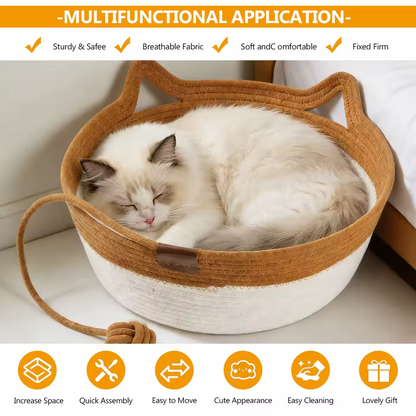 Handwoven Cat Bed Cotton Rope Basket with Cushion Cat Cave Scratcher Bed