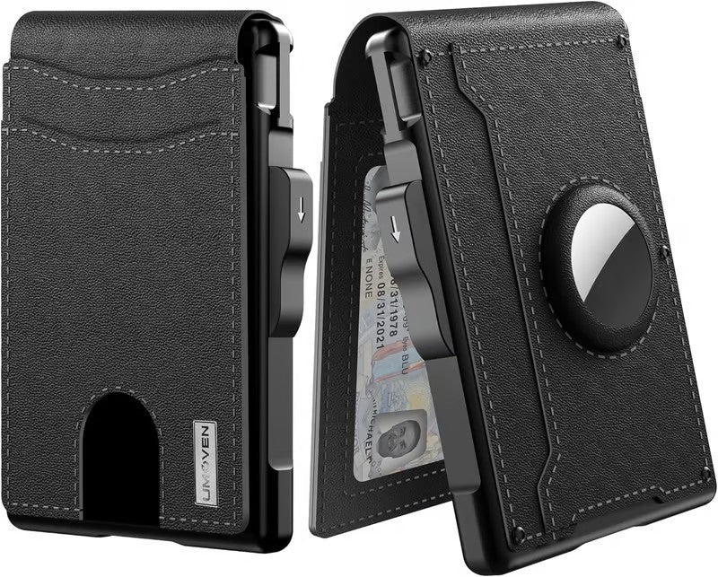 Black phone case with card holder and Apple Watch band on a white background