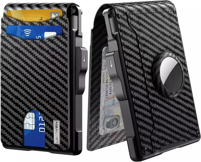 Carbon fiber patterned wallet with card slots on a white background