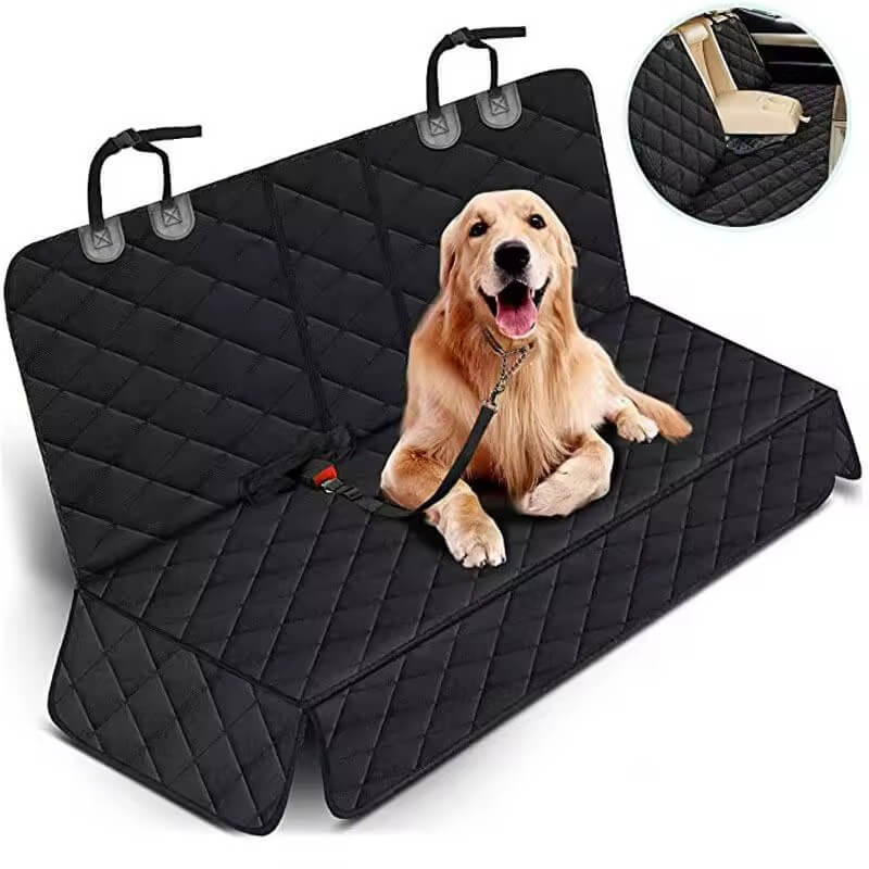 Dog sitting on a black quilted car seat cover with a close-up inset showing a beige seat cover.