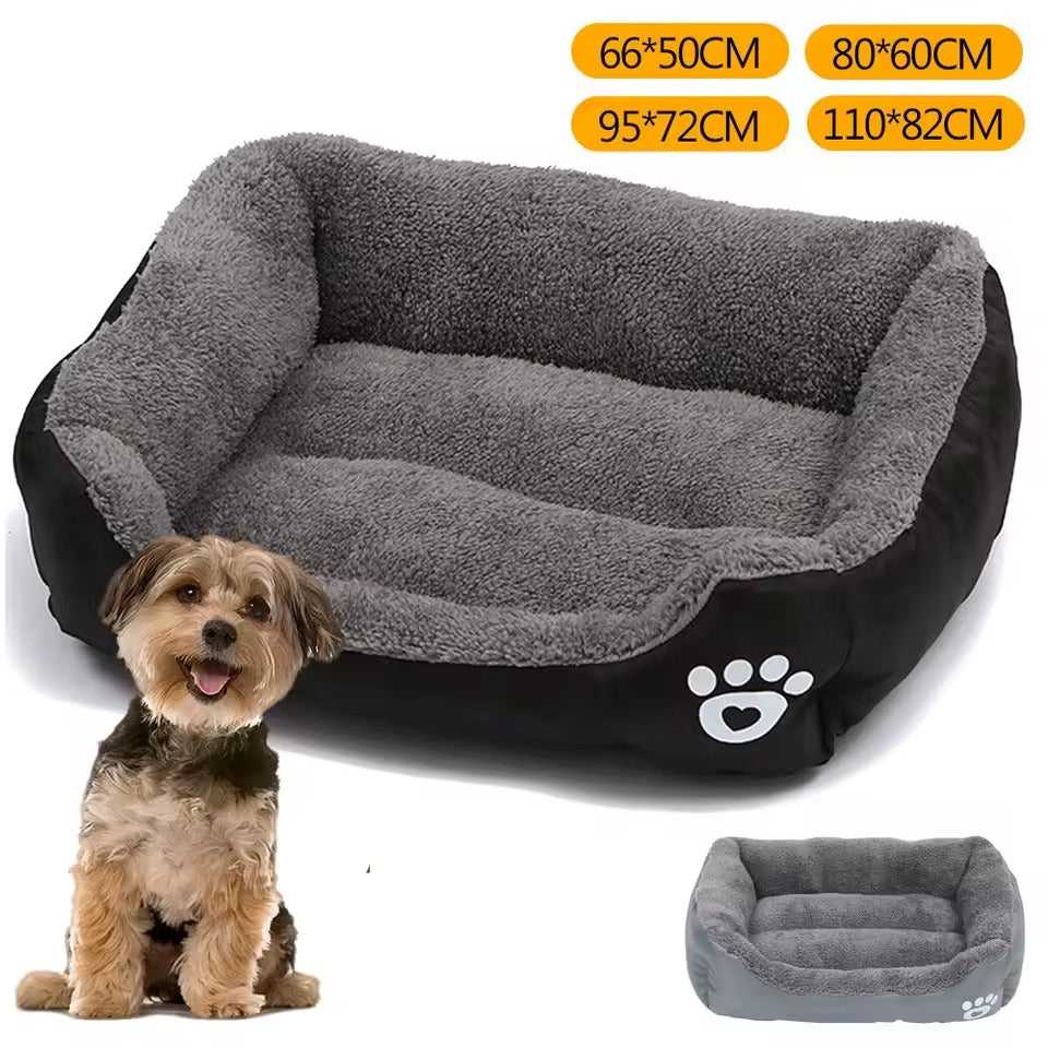 Waterproof base detail of luxury dog bed and a dog sitting next to it on a white background