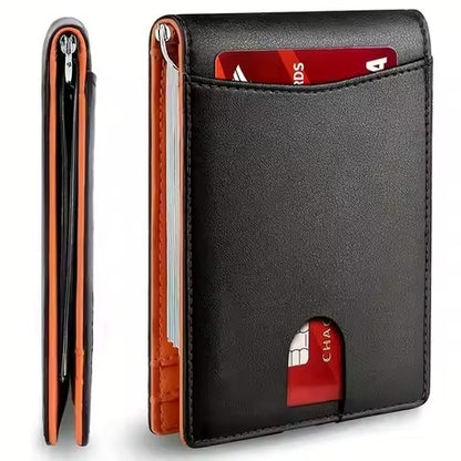 Black slim money clip wallet showing front card slot and side profile with integrated money clip.