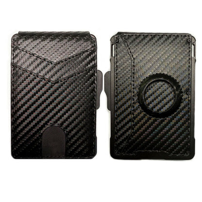 Carbon fiber pattern wallet with AirTag slot and exterior card pocket.