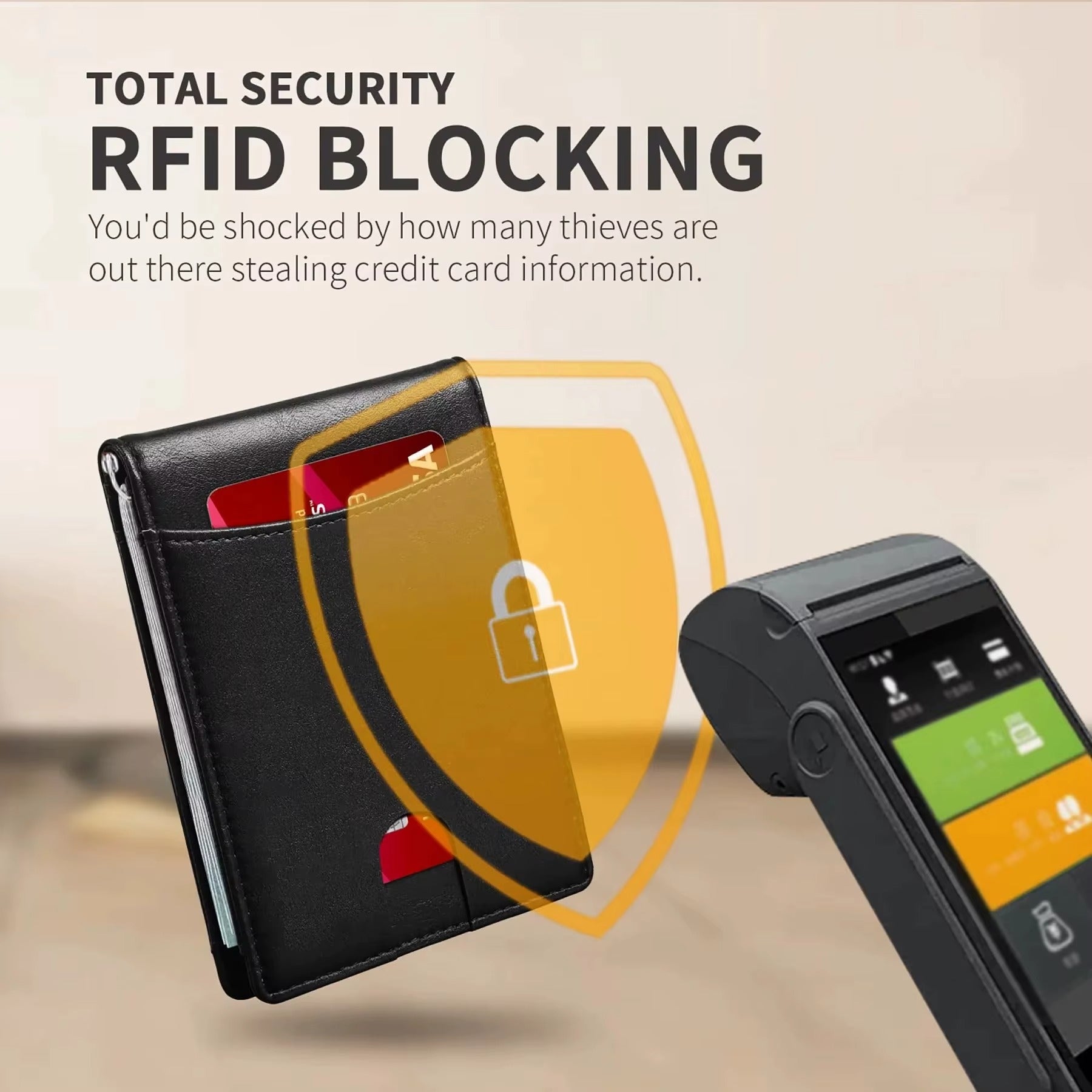RFID-blocking slim wallet shown with payment cards.