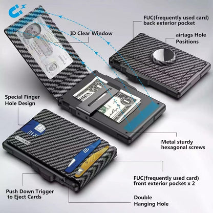 Pop-up wallet with ID window, card holder, and AirTag slot.